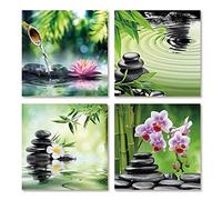 OCEANGOD 4 Pièces Zen Paysage Affiche Imprime Zen Bambou Pierre Fleurs Mur Art Toile Peintures Décoration de La Maison pour Intérieur Maison 45x45cmx4pcs Sans Cadre