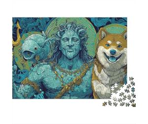 Oceanic Deity with Trident and Shiba Inu Puzzles 1000 Pieces Cadeau Unique Jeu Éducatif Challenge Toy À De Qualité Supérieure Peinture Art pour Adultes Et Enfants À Partir De 14 Ans 70x50cm/1000pcs