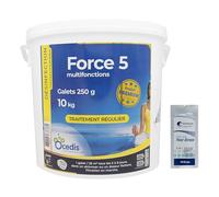 OCEDIS Force 5-250 Multifonctions Galets 250g - 10kg | Chlore Lent Stabilisé Multiaction - Non Comburant - Désinfection Régulière Multifonction - Dissolution Lente + 10 Tests HPS OFFERTS 6 en 1