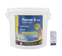 OCEDIS Force 5-500 Multifonctions Galet 500g - 4,5kg | Chlore Lent Stabilisé Multiaction - Non Comburant - Désinfection Régulière Multifonction - Dissolution Lente + 10 Tests HPS OFFERTS 6 en 1