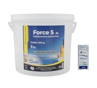 OCEDIS Force 5 - SL Multifonctions Spécial Liner Galets 200g - 5kg | Chlore Lent Stabilisé Multiaction - Désinfection Régulière Multifonction - sans sulfate de cuivre + 10 Tests HPS OFFERTS 6 en 1