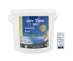 OCEDIS OVY'TWIN 500 Galets 500g - 4,5kg | Chlore Lent Stabilisé Multiaction - Non Comburant - Désinfection Régulière Multifonction avec Action Choc - Dissolution Lente + 10 Tests HPS OFFERTS 6 en 1