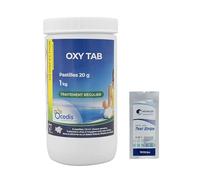 OCEDIS OXY Tab 20 Pastilles 20g - 1kg | Désinfection Régulière et/ou Choc sans Chlore - Oxygène Actif Choc - Activateur de Brome - Dissolution Rapide + 10 Tests HPS OFFERTS 6 en 1