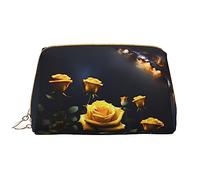 OCELIO Belle trousse de maquillage portable en cuir avec roses jaunes (taille L) - Pochette en cuir avec fermeture éclair - Trousse de toilette - Sac de voyage - Blanc - Taille unique, blanc, Taille