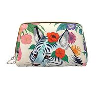 OCELIO Jolie trousse de maquillage portable en cuir avec motif tigre blanc (grand), pochette en cuir à fermeture éclair, trousse de toilette, sac de voyage, sac de rangement de voyage, blanc, taille