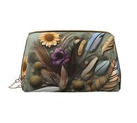 OCELIO Trousse de maquillage portable en cuir avec motif fleur de plumes (grand), pochette à fermeture éclair, trousse de toilette, sac de voyage, blanc, taille unique, blanc, Taille unique