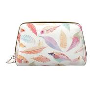 OCELIO Trousse de maquillage portable en cuir avec plumes colorées (grande), pochette en cuir à fermeture éclair, trousse de toilette, sac de voyage, sac de rangement de voyage, blanc, taille unique,