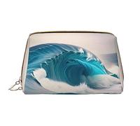 OCELIO Trousse de maquillage portable en cuir motif vague de mer bleue (grande), pochette en cuir avec fermeture éclair, trousse de toilette, sac de voyage, sac de rangement de voyage, blanc, taille