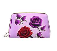 OCELIO Trousse de toilette portable en cuir avec motif roses rouges et violettes (grand), pochette en cuir avec fermeture éclair, trousse de toilette, sac de rangement de voyage, blanc, taille unique,