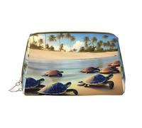OCELIO Turtles On The Beach Trousse de maquillage portable en cuir (grande), pochette en cuir avec fermeture éclair, trousse de toilette, sac de voyage, sac de rangement de voyage, blanc, taille