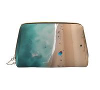 OCELIO Vue aérienne de la plage en cuir sac cosmétique portable (grand), pochette en cuir avec fermeture éclair, trousse de toilette, sac de voyage, sac de rangement de voyage, blanc, taille unique,
