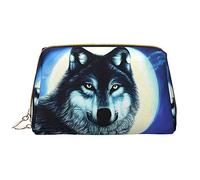 OCELIO Wolf Under Moon Trousse à cosmétiques portable en cuir (grand), pochette en cuir avec fermeture éclair, trousse de toilette, sac de voyage, blanc, taille unique, blanc, Taille unique
