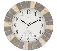 OCEST Horloge d'intérieur et d'extérieur de 33 cm étanche avec thermomètre, résistante aux intempéries, sans tic-tac, horloge décorative à piles pour terrasse, piscine, porche, jardin (gris rétro)