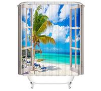 OCEUMACO 3D Ocean Bleu Rideau de Douche Anti Moisissure Motif Paysage Fenetre Mer Tropical Rideau Douche Tissu Imperméable 200x200 cm Feuille Palmier Imprimé Rideaux Baignoire Lavable Machine