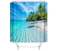 OCEUMACO 3D Ocean Bleu Rideau de Douche Anti Moisissure Motif Paysage Mer Turquoise Tropical Rideau Douche Tissu Imperméable 200x200 cm Feuille Palmier Imprimé Rideaux Baignoire Lavable Machine