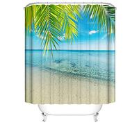 OCEUMACO 3D Ocean Rideau de Douche Anti Moisissure Motif Paysage Sable Mer Bleu Tropical Rideau Douche Tissu Imperméable 180x200 cm Feuille Palmier Vert Imprimé Rideaux Baignoire Lavable Machine