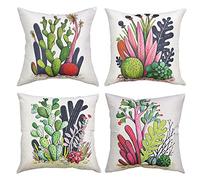 OCEUMACO Housse de Coussin 40x40 Cactus Décoratif Housses Coussins pour Canapé Lit Chaise Salon Lot de 4 Plante Tropical Moderne Taie d'oreiller Doux en Lin Scandinave - Vert