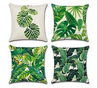 OCEUMACO Housse de Coussin 40x40 Fleurs Feuille Jungle Décoratif Housses Coussins pour Canapé Lit Chaise Salon Lot de 4 Plante Tropical Moderne Taie d'oreiller en Lin Scandinave - Vert Foncé