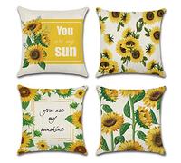 OCEUMACO Housse de Coussin 40x40 Fleurs Moutarde Décoratif Housses Coussins pour Canapé Lit Chaise Salon Lot de 4 Vintage Fleuri Tournesol Taie d'oreiller en Lin Scandinave - Jaune Vert