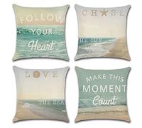 OCEUMACO Housse de Coussin 40x40 Love Plage Mer Décoratif Housses Coussins pour Canapé Chaise Lit Salon Lot de 4 Citation Océan Été Taie d'oreiller en Lin Deco Scandinave - Vert d'eau