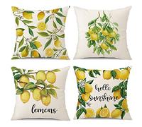 OCEUMACO Housse de Coussin 40x40 Motif Citron Décoratif Housses Coussins pour Canapé Lit Chaise Salon Lot de 4 Vintage Feuille Taie d'oreiller Carré en Lin Scandinave - Jaune Vert