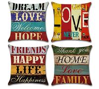 OCEUMACO Housse de Coussin 45x45 Citation Décoratif Housses Coussins pour Canapé Salon Lit Extérieur Lot de 4 Vintage Love Home Imprimé Taie d'oreiller en Lin Deco Scandinave - Multicolore