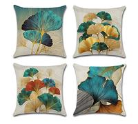 OCEUMACO Housse de Coussin 45x45 Ginkgo Doré Décoratif Housses Coussins pour Canapé Chaise Lit Salon Lot de 4 Feuille Gingko Bleu Canard Taie d'oreiller en Lin Deco Scandinave - Turquoise Or