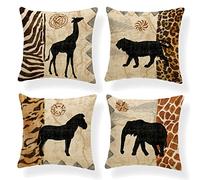OCEUMACO Housse de Coussin 45x45 Motif Zèbre Eléphant Décoratif Housses Coussins pour Canapé Chaise Lit Salon Lot de 4 Animaux Africain Taie d'oreiller en Lin Deco Scandinave - Marron Noir