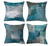 OCEUMACO Housse de Coussin 50x50 Abstrait Décoratif Housses Coussins pour Canapé Salon Lit Extérieur Lot de 4 Art Imprimé Taie d'oreiller Doux en Lin Deco Scandinave - Gris Turquoise Bleu