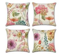 OCEUMACO Housse de Coussin 50x50 Fleuri Hippie Décoratif Housses Coussins pour Canapé Lit Chaise Salon Lot de 4 Fleurs Jardin Bohême Taie d'oreiller en Lin Indien Moderne - Rose Violet