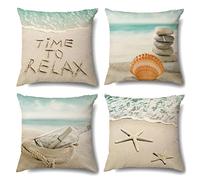 OCEUMACO Housse de Coussin 50x50 Mer Plage Beige Décoratif Housses Coussins pour Canapé Lit Chaise Salon Lot de 4 Zen Été Tropical Moderne Taie d'oreiller en Lin Scandinave - Vert d'eau