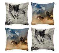 OCEUMACO Housse de Coussin 50x50 Motif Loup Décoratif Housses Coussins pour Canapé Lit Chaise Salon Lot de 4 Animaux Forêt Taie d'oreiller Doux en Lin Moderne Scandianave - Gris Bleu