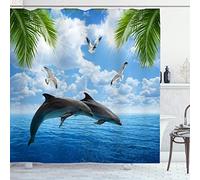 OCEUMACO Rideau de Douche 3D Motif Dauphin Mer Anti Moisissure Rideaux Baignoire Animaux Ocean Imprimé Extra Large Polyester Tissu Imperméable 240x200 cm Lavable Machine avec Anneaux - Bleu