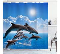 OCEUMACO Rideau de Douche 3D Motif Dauphin Mer Anti Moisissure Rideaux Baignoire Home Animaux Ocean Imprimé Long Polyester Tissu Imperméable 180x180 cm Lavable Machine avec Anneaux - Bleu 2