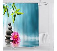 OCEUMACO Rideau de Douche Anti Moisissure Galet Zen Imprimé Rideau Douche Tissu Imperméable Polyester 240x200 cm 3D Orchidee Bambou Rideaux de Douche Baignoire Lavable Machine avec Crochets - Bleu