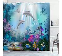 OCEUMACO Rideau de Douche Motif Dauphin sous Mer Bleu Anti Moisissure Rideaux Baignoire Enfant Animaux Poisson Imprimé Long Polyester Tissu Imperméable 180x200 cm Lavable Machine avec Anneaux