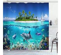 OCEUMACO Rideau de Douche Motif Dauphin sous Mer Bleu Anti Moisissure Rideaux Baignoire Ile Poisson Ocean Tropical Imprimé Long Polyester Tissu Imperméable 200x200 cm Lavable Machine avec Anneaux