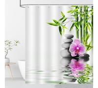 OCEUMACO Zen Rideau Douche Anti Moisissure 120x200 Galet Bambou Imprimé Vert Blanc Rideau de Douche Baignoire Tissu Imperméable Polyester Rideaux Salle de Bain Lavable Machine avec Anneaux