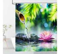 OCEUMACO Zen Rideau Douche Anti Moisissure 120x200 Galet Bambou Imprimé Vert Rose Rideau de Douche Baignoire Tissu Imperméable Polyester Rideaux Salle de Bain Lavable Machine avec Anneaux