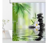 OCEUMACO Zen Rideau Douche Anti Moisissure 180x180 Galet Bambou Imprimé Vert Noir Rideau de Douche Baignoire Tissu Imperméable Polyester Rideaux Salle de Bain Lavable Machine avec Anneaux