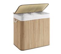 SONGMICS Panier à Linge 150 L, Corbeille Linge Sale 3 Compartiments de Tri, Couvercle, en Bambou, Poignées, Pliable, Sac Amovible Lavable en Machine, Buanderie, Chambre, Couleur Boisée LCB091N01V2