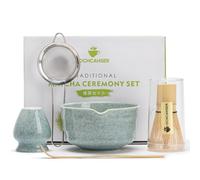 Ochcahser Ensemble de fouet à matcha comprenant un bol à matcha, un support de fouet à matcha, un fouet à matcha en bambou, une cuillère et un tamis à matcha, kit à matcha en céramique émaillée bleue
