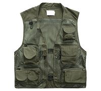 OCHENTA Mens Outdoor Casual Hollow Out Thin Multi-pockets Stand Collor Hooded Outerwear Camping Hunting Fishing Photography Vests Gilet Green UK L-Label XL