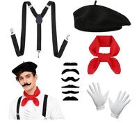 OCHILIMA Ensemble d'accessoires de costume français pour homme avec béret, bretelles, moustache, écharpe, gants, artiste de costume, costume de Mime, costume de carnaval