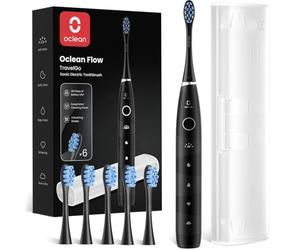 Oclean Flow TravelGo Brosse à dents électrique, 5 Modes avec Sensitive, Brosse à Dents Électrique Sonique, 180 Jours Autonomie, Minuterie et Rappel 30s, 6 Brossettes et Étui Voyage -Noir Set