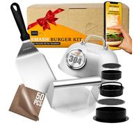OCOBAI Kit Smash Burger professionnel 7 pièces - écraseur en acier 304 avec certificat UE, moule à hamburger maison 3 en 1, spatule et 50 papiers pour faire des smash burgers à la maison ou dans votre