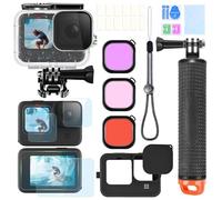 OctinPris Kit d'accessoires pour GoPro Hero 12 11 10 9 boîtier étanche avec poignée flottante sous-marine manchon en silicone capuchon d'objectif protecteurs d'écran en verre trempé filtres de plongée