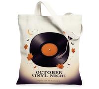 October Vinyl Night Music Citation Record Autumn Sac fourre-tout en toile | Feuilles d'érable d'automne, thème musical, croissant de lune, esthétique d'automne confortable, style de décoration