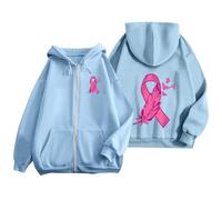 Octobre Rose Cancer du Sein Pull Court Chaud de Sport décontracté en Polaire avec Cordon Serrage et Fermeture éclair mensuelle la prévention des Femmes Plaid Sweat Capuche pour Femme