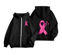 Octobre Rose Cancer du Sein Pull Court Chaud de Sport décontracté en Polaire avec Cordon Serrage et Fermeture éclair mensuelle la prévention des Femmes Plaid Sweat Capuche pour Femme